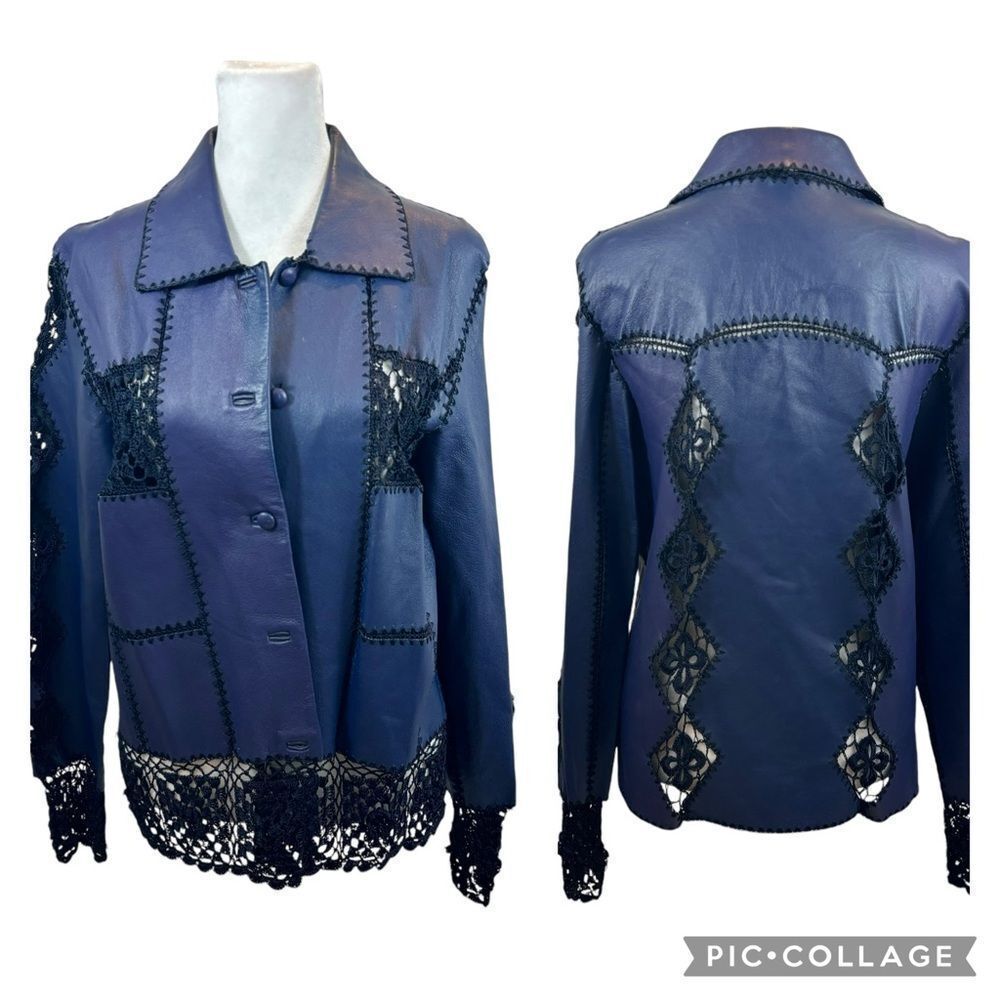 Ladies Vintage Blue Purple Leather and Crochet Jacket Size Medium